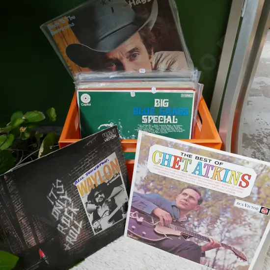 orange plastic tub; country and western LPs