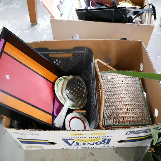 box; tray, mirror, plates, sewing basket