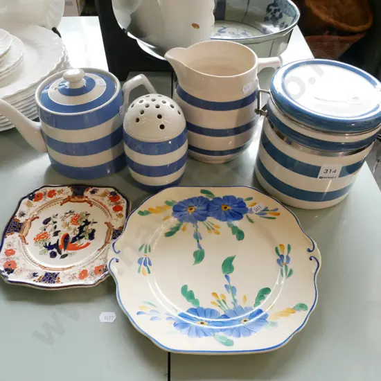 blue and white striped canisters, tea pot jug, plates