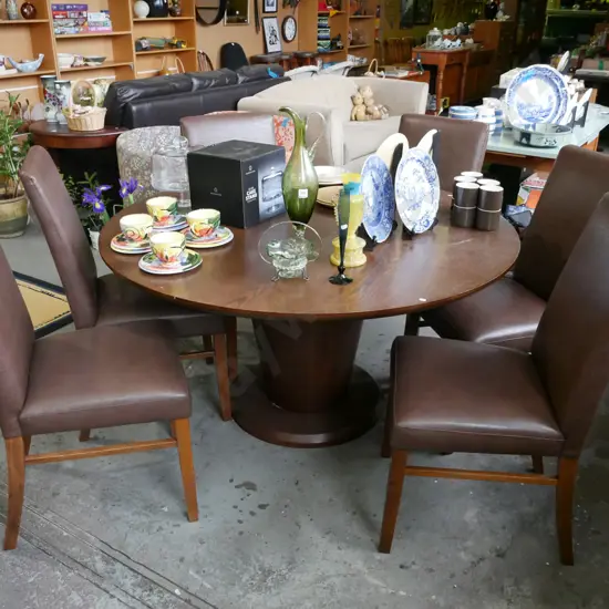 modern oak veneer pedestal dining table with 6 matching vinyl chairs H-720 Diam-1370