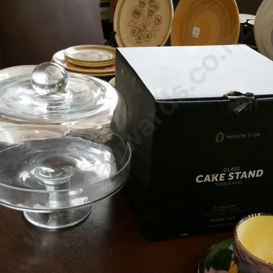 footed glass dome cake stand and box
