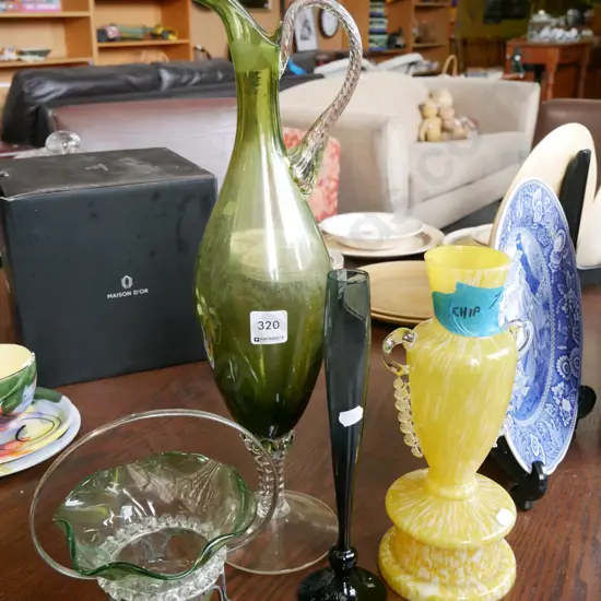 glass basket, 3x vases - yellow mottled vase has chip, green glass ewer vase H-430
