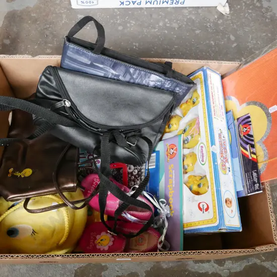 box of Tweety Bird collectables, shoes, bags, scrapbook etc