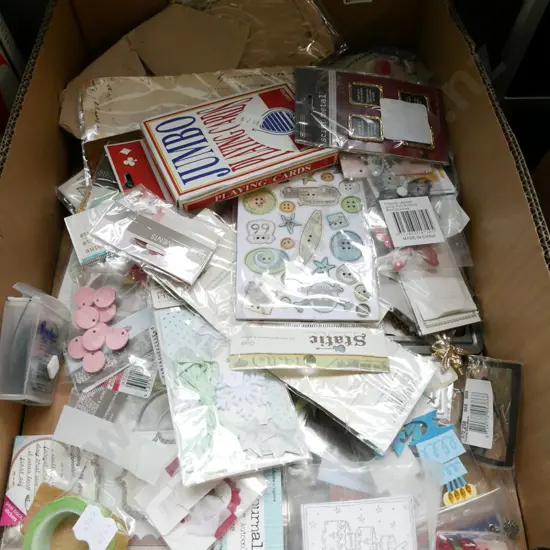 box; crafter's supplies, stickers, scrap metal frames, embellishment tiles etc