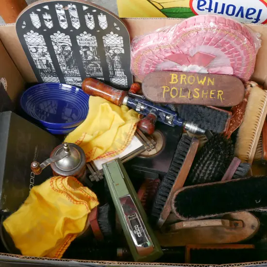 box; shoe polish brushes, pepper grinder etc