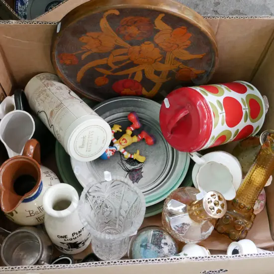 box; wooden pokerwork tray, bowls, storage canisters etc