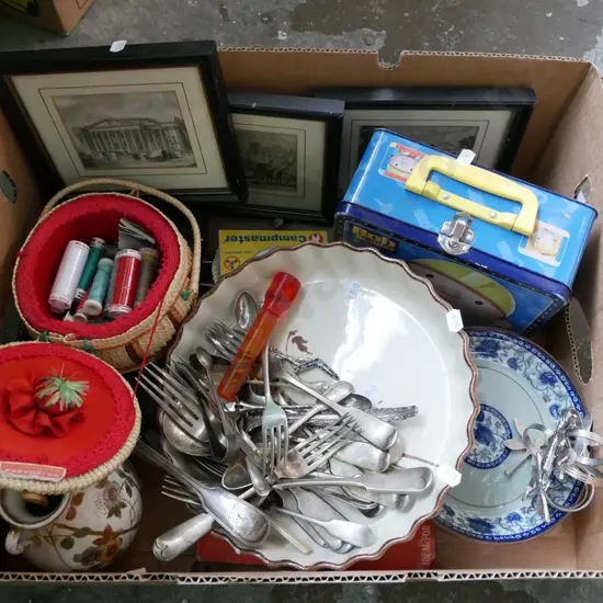 box; baking dish, small sewing basket, prints etc