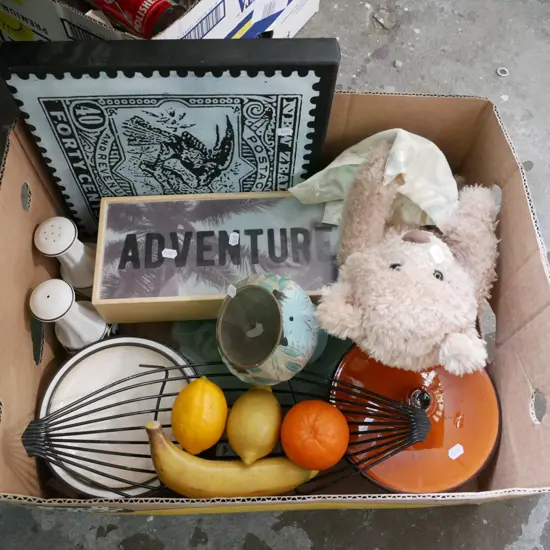 box; teddy bear, metal fruit bowl, fake fruit, lidded pot etc
