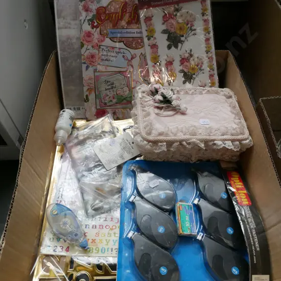 box; crafter's supplies, tapes, floral rub ons etc