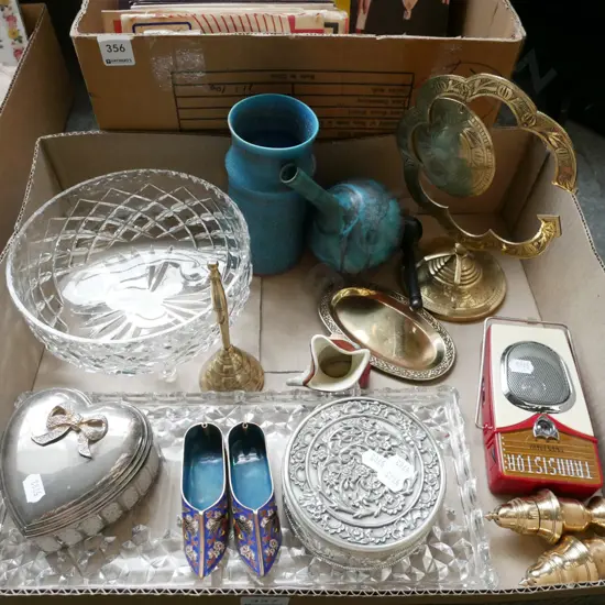 box; footed crystal bowl, brass gong etc