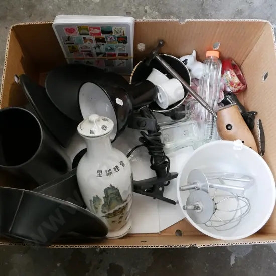box; jewellery display stand, clamp mounted lamp, shoe forms, mixing bowl etc