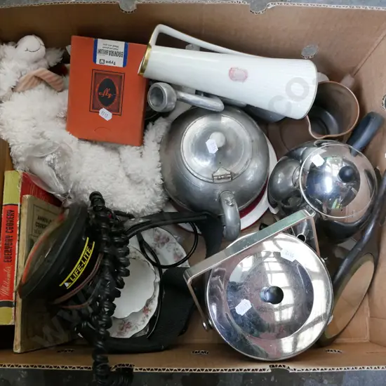 box; ice bucket, vases, pewter tea pots, cookbooks etc