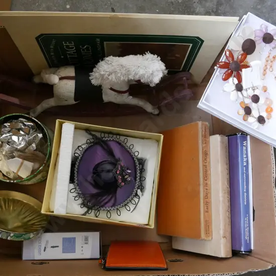 box; model horse, cottage prints, necklace and earring set etc