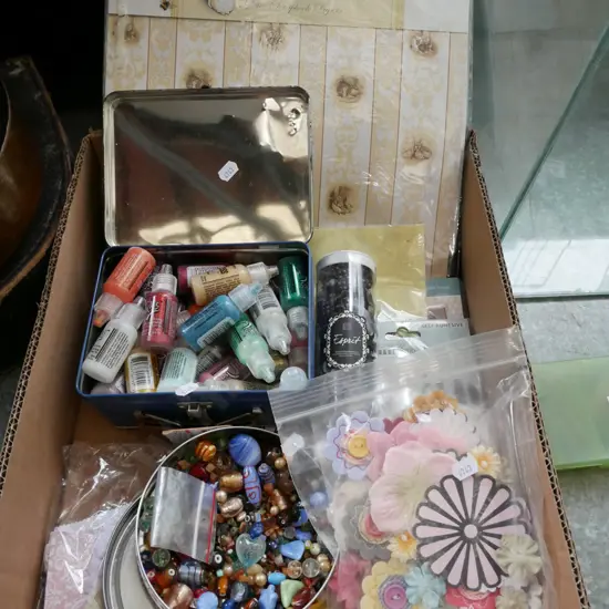 box; crafters supplies, glue glitter, beads, stick on embellishments etc