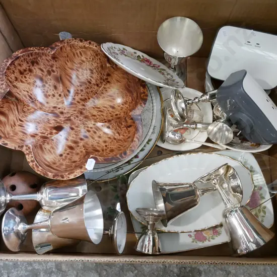 2x multi boxes, plated goblets, plates etc