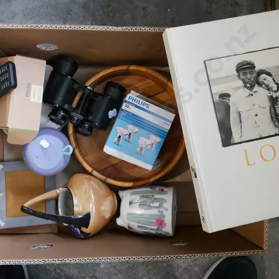 box; books, light bulbs, binoculars, small portable speaker etc