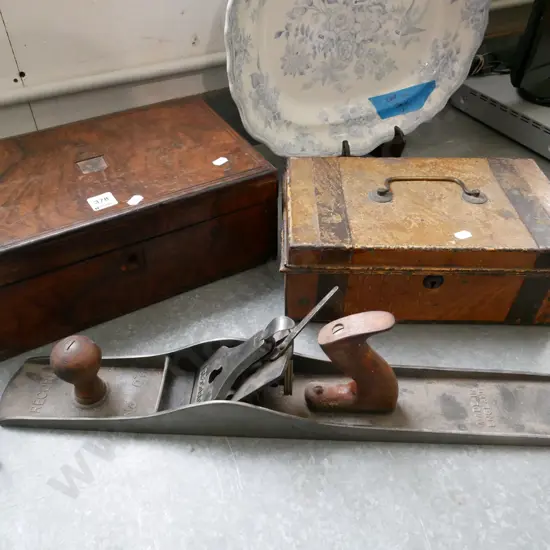 restorer's writing slope, vintage cash box, Record No. 7 hand plane - missing parts