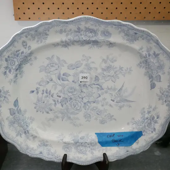early large blue and white ashet - chip to back rim