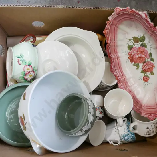 box; pink floral dish, Crown Lynn coffee cups, lidded veges etc