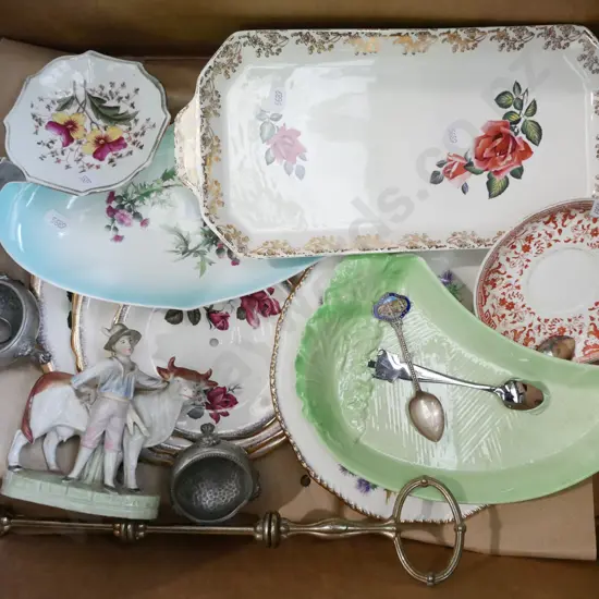 box; sandwich plates, unassembled cake plate, pewter salts etc