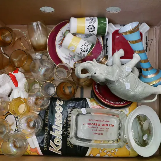 box; retro floral sheets, glass compss, ashtrays etc