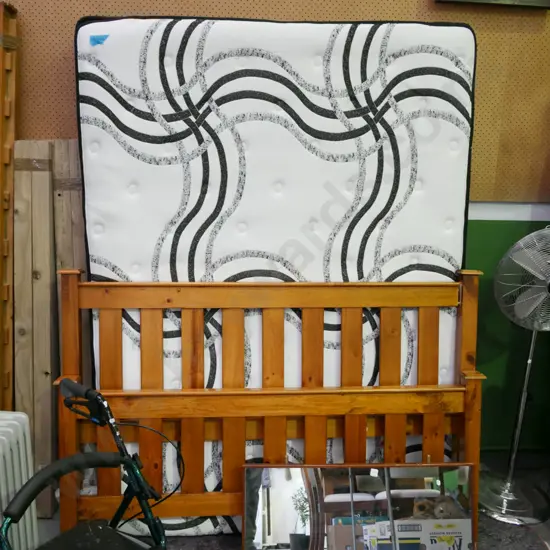 queen slat bed base, mattress and pine headboard