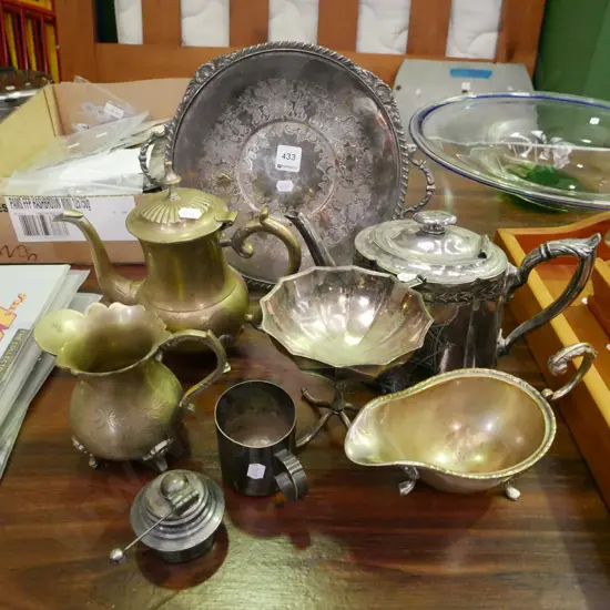 plated ware and brass ware; jugs, trays, tea pots etc