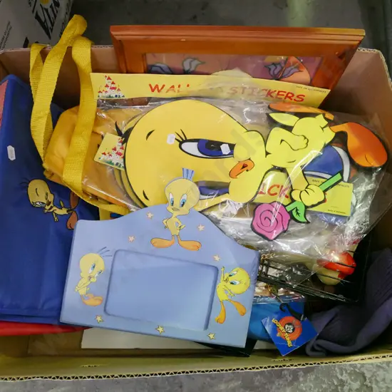 box of Tweety Bird collectables, wall stickers, bags etc