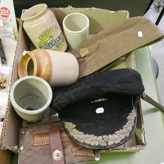 box; small stoneware crocks, vase, captain's hat etc