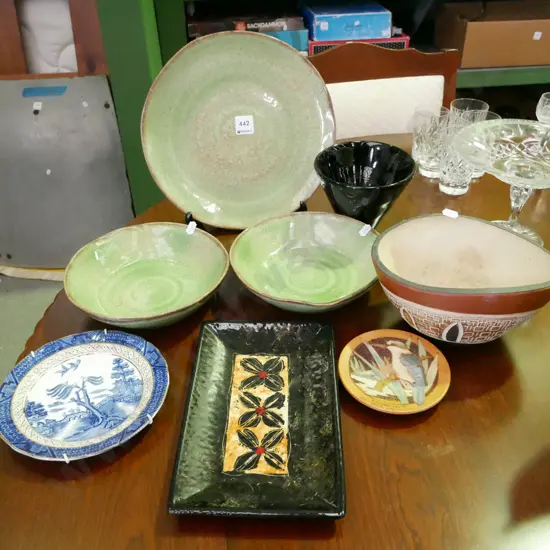 studio pottery bowls, plates, German pottery jardiniere, willow plate etc