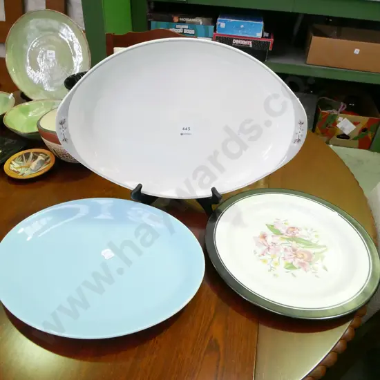 royal Doulton ashet, blue Meakin ashet, pink orchid plate