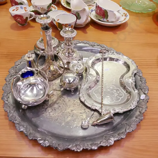 plated ware; tray, vases, candlestick, open salt etc