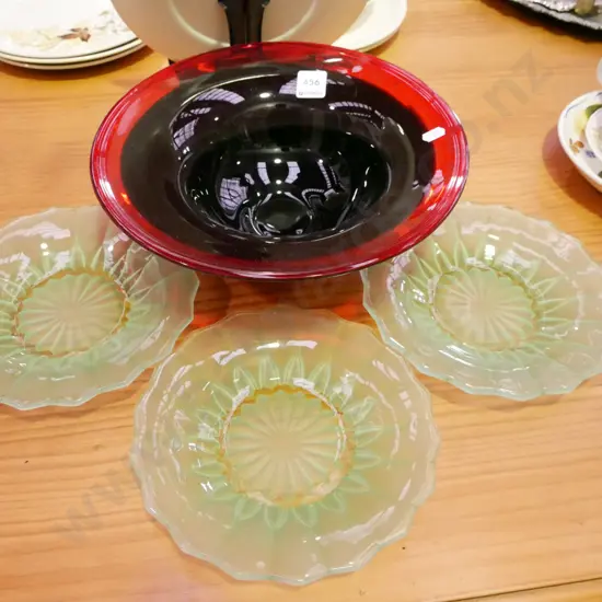art glass fruit, 3x green glass plates