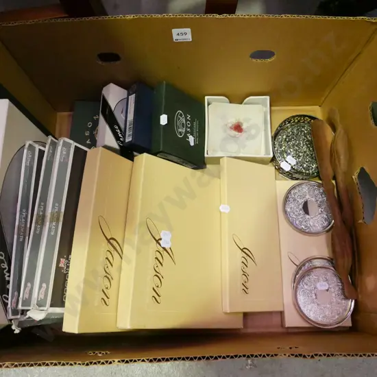 box; placemats, plated coasters, wooden servers etc