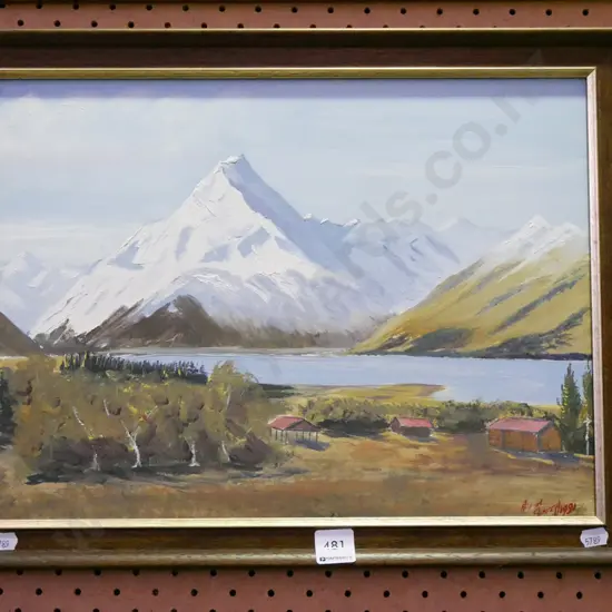 framed oil - river and mountain scene
