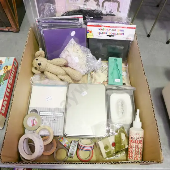 box of craft supplies; envelopes, cards, decorative tapes etc