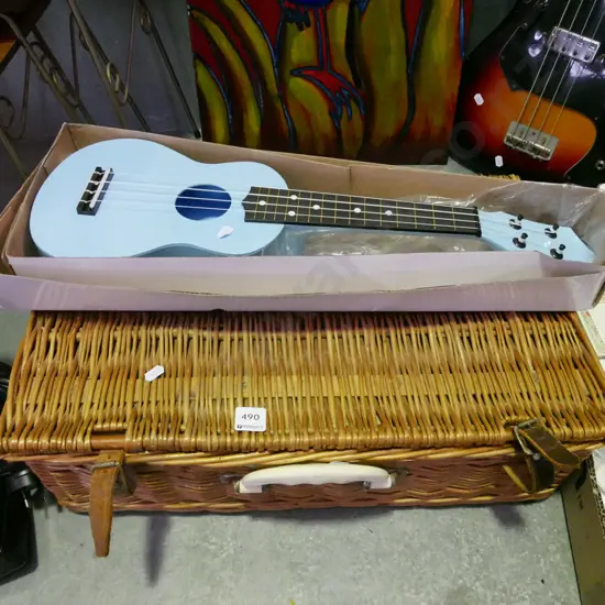 cane picnic hamper, ukelele