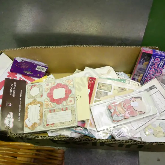 box; craft supplies, friendship tags, embellishments etc