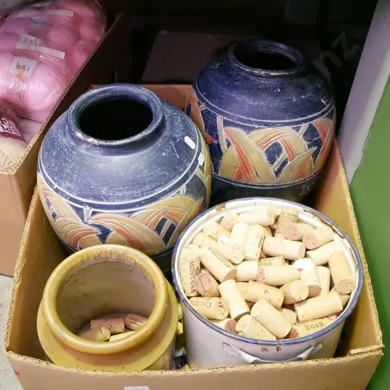 box; 2x terracotta vases - chips, stoneware crock, wine corks etc