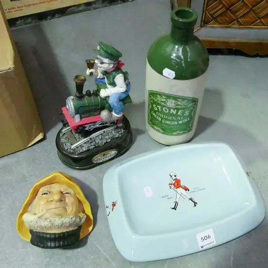 ginger wine bottle, man on train figurine, Johnny Walker ashtray, Bossons wall mounted fisherman