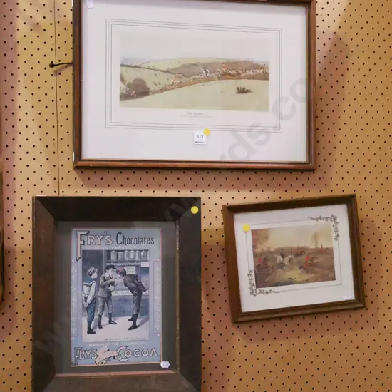 2x hunting prints, 1x Frys Chocolates print - yellow dots