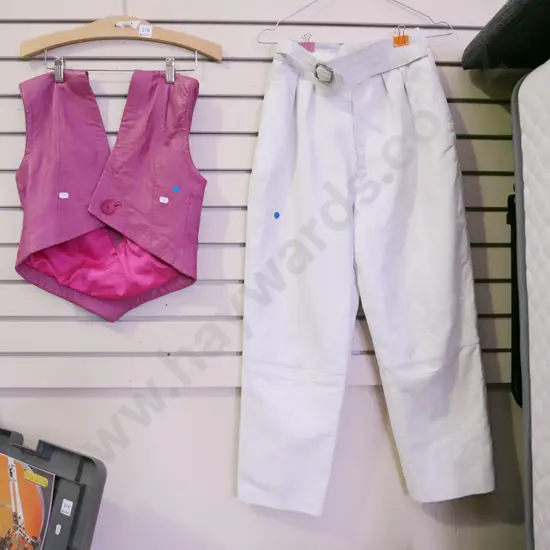 pair of ladies size 14 white leather pants, pink leather vest - blue dots