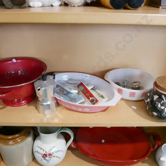 retro pyrex baking dishes, colander, lidded canister etc