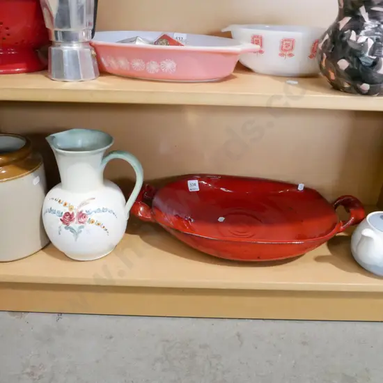 large ceramic serving bowl, small tea pot, jugs, crock