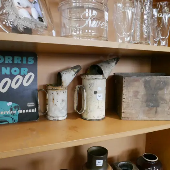 2x vintage oil pourers, Morris Minor manual, old tea box