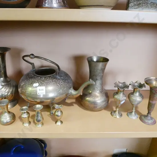 shelf of brassware, vases, tea pot - no lid