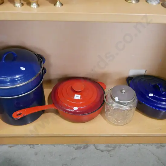 cast iron and enamel frying pan, casserole, enamel spot and steamer etc