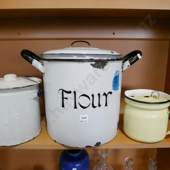 vintage enamel flour tins H-340, enamel lidded jug 