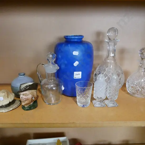 shelf; vases, small toby jug, stoppered decanters etc