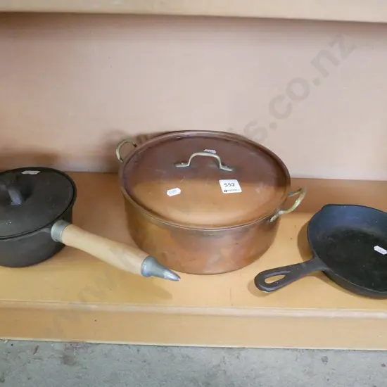 shelf; copper lidded pot, cast iron pot and frying pan